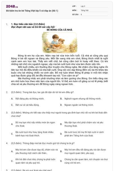 Đề kiểm tra ôn hè Tiếng Việt lớp 5 có đáp án (Đề 1)