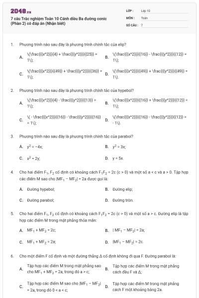 7 câu Trắc nghiệm Toán 10 Cánh diều Ba đường conic (Phần 2) có đáp án (Nhận biết)