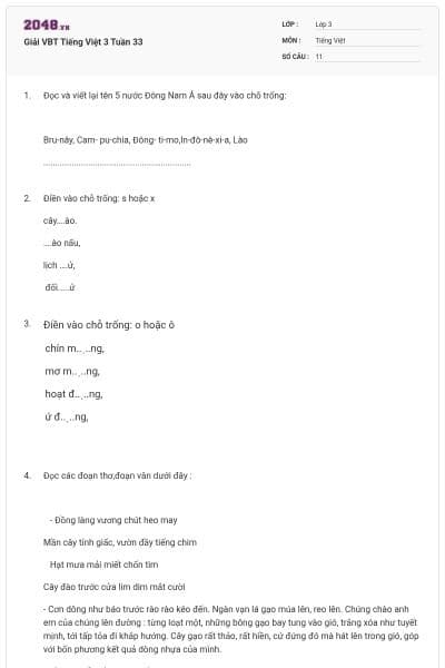 Giải VBT Tiếng Việt 3 Tuần 33