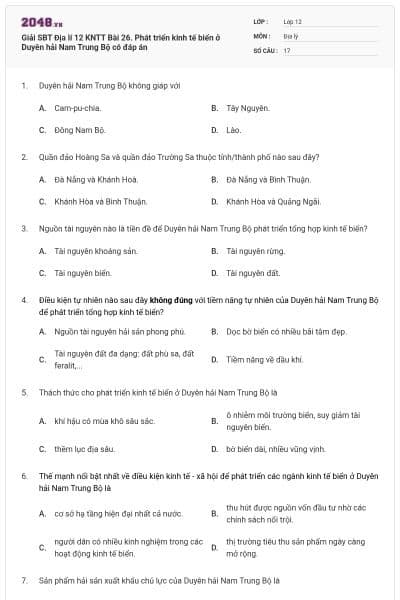 Giải SBT Địa lí 12 KNTT Bài 26. Phát triển kinh tế biển ở Duyên hải Nam Trung Bộ có đáp án