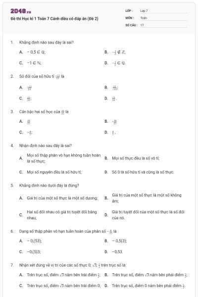 Đề thi Học kì 1 Toán 7 Cánh diều có đáp án (Đề 2)