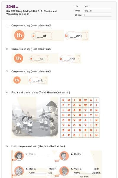 Giải SBT Tiếng Anh lớp 3 Unit 3: A. Phonics and Vocabulary có đáp án