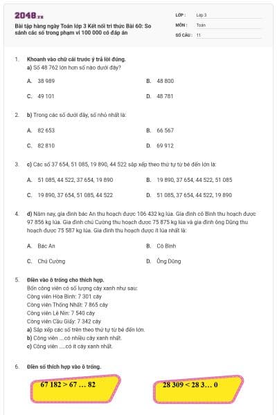 Bài tập hàng ngày Toán lớp 3 Kết nối tri thức Bài 60: So sánh các số trong phạm vi 100 000 có đáp án