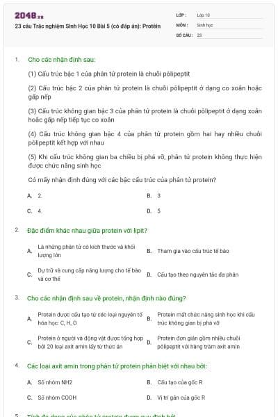 23 câu Trắc nghiệm Sinh Học 10 Bài 5 (có đáp án): Protêin