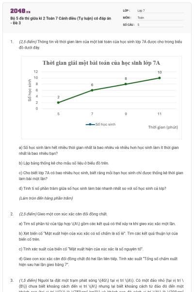Bộ 5 đề thi giữa kì 2 Toán 7 Cánh diều (Tự luận) có đáp án - Đề 3