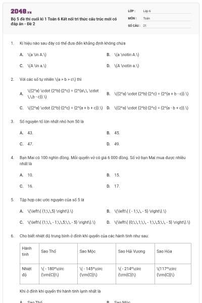 Bộ 5 đề thi cuối kì 1 Toán 6 Kết nối tri thức cấu trúc mới có đáp án - Đề 2