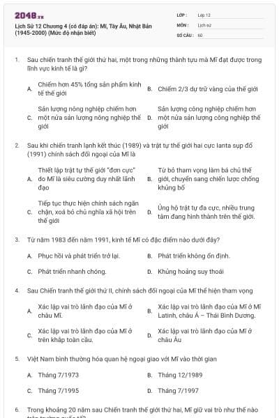 Lịch Sử 12 Chương 4 (có đáp án): Mĩ, Tây Âu, Nhật Bản (1945-2000) (Mức độ nhận biết)