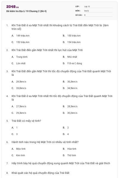 Đề kiểm tra Địa Lí 10 Chương 2 (Đề 4)