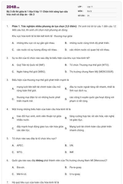 Bộ 3 đề thi giữa kì 1 Địa lí lớp 11 Chân trời sáng tạo cấu trúc mới có đáp án - Đề 3