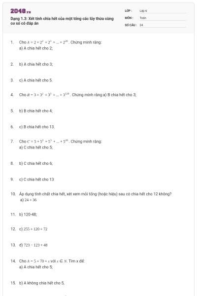 Dạng 1.3: Xét tính chia hết của một tổng các lũy thừa cùng cơ số có đáp án