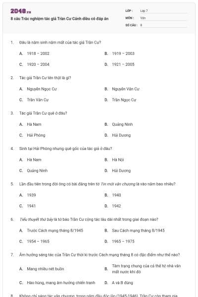 8 câu Trắc nghiệm tác giả Trần Cư Cánh diều có đáp án