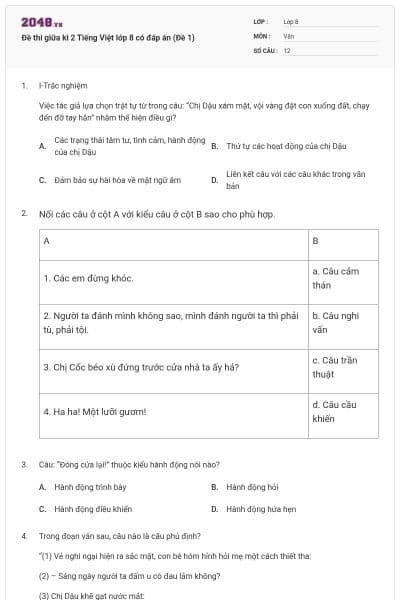 Đề thi giữa kì 2 Tiếng Việt lớp 8 có đáp án (Đề 1)