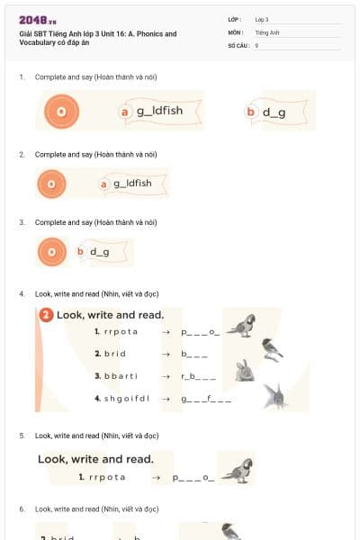 Giải SBT Tiếng Anh lớp 3 Unit 16: A. Phonics and Vocabulary có đáp án