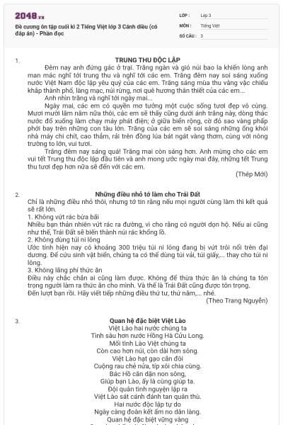 Đề cương ôn tập cuối kì 2 Tiếng Việt lớp 3 Cánh diều (có đáp án) - Phần đọc