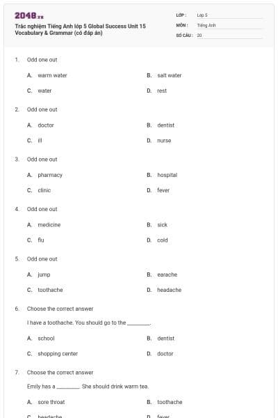 Trắc nghiệm Tiếng Anh lớp 5 Global Success Unit 15 Vocabulary & Grammar (có đáp án)