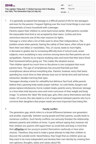 Trắc nghiệm Tiếng Anh 11 Global Success Unit 2 Reading đọc hiểu: The Generation Gap (có đáp án)