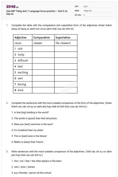 Giải SBT Tiếng Anh 7 Language focus practice – Unit 5 có đáp án