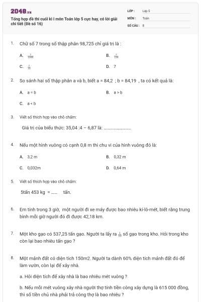 Tổng hợp đề thi cuối kì I môn Toán lớp 5 cực hay, có lời giải chi tiết (Đề số 16)