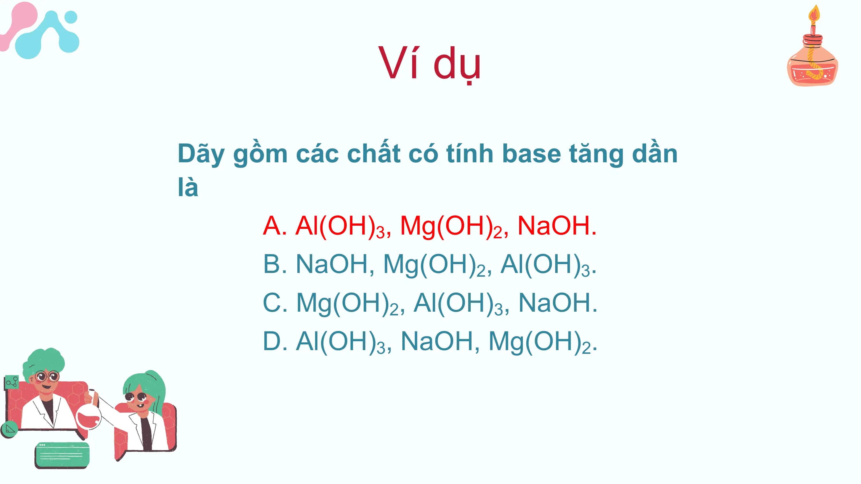 Ví dụ
Dãy gồm các chất có tính base tăng dần
là
A. Al(OH)3, Mg(OH)2, NaOH.
B. NaOH, Mg(OH)2, Al(OH)3.
C. Mg(OH)2, Al(OH)3, NaOH.
D. Al(OH)3, NaOH, Mg(OH)2.