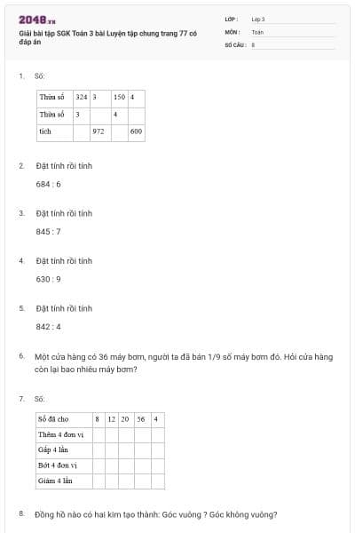 Giải bài tập SGK Toán 3 bài Luyện tập chung trang 77 có đáp án