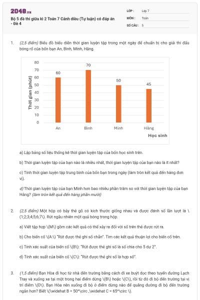 Bộ 5 đề thi giữa kì 2 Toán 7 Cánh diều (Tự luận) có đáp án - Đề 4