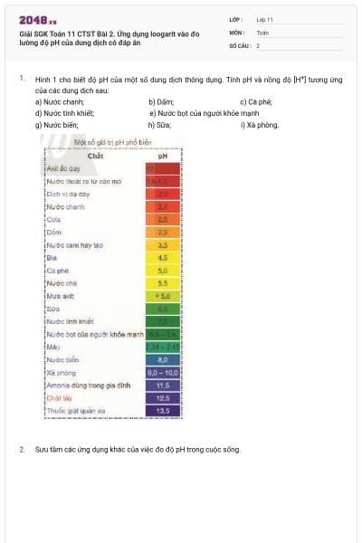 Giải SGK Toán 11 CTST Bài 2. Ứng dụng loogarit vào đo lường độ pH của dung dịch có đáp án