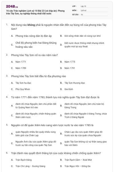 16 câu Trắc nghiệm Lịch sử 10 Bài 23 (có đáp án): Phong trào Tây Sơn, sự nghiệp thống nhất đất nước
