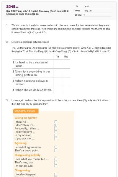 Giải SGK Tiếng anh 10 English Discovery (Cánh buồm) Unit 6 Speaking trang 66 có đáp án
