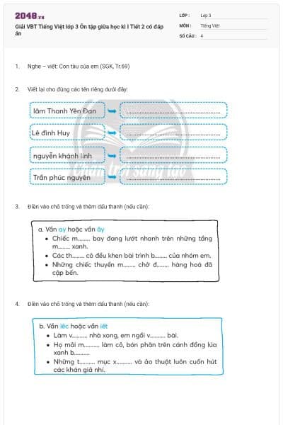 Giải VBT Tiếng Việt lớp 3 Ôn tập giữa học kì I Tiết 2 có đáp án