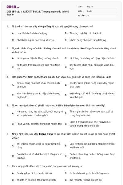 Giải SBT Địa lí 12 KNTT Bài 21. Thương mại và du lịch có đáp án