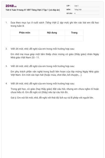 Tiết 6 Tuần 9 trang 41 VBT Tiếng Việt 2 Tập 1 (có đáp án)