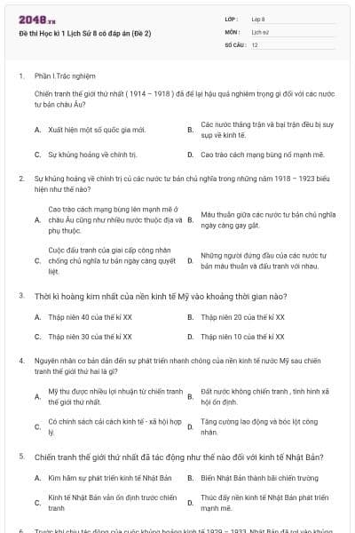 Đề thi Học kì 1 Lịch Sử 8 có đáp án (Đề 2)