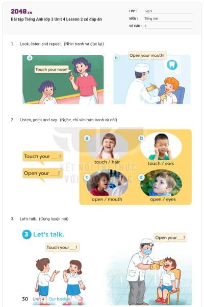 Bài tập Tiếng Anh lớp 3 Unit 4 Lesson 2 có đáp án
