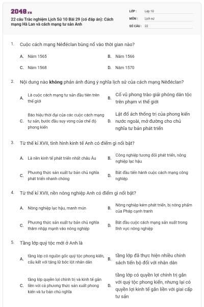 22 câu Trắc nghiệm Lịch Sử 10 Bài 29 (có đáp án): Cách mạng Hà Lan và cách mạng tư sản Anh