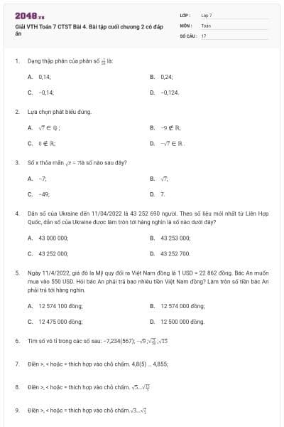 Giải VTH Toán 7 CTST Bài 4. Bài tập cuối chương 2 có đáp án
