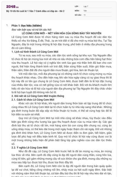 Bộ 10 đề thi cuối kì 1 Văn 7 Cánh diều có đáp án - Đề 2