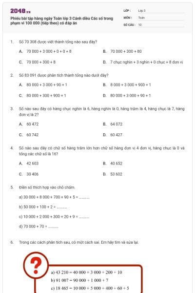 Phiếu bài tập hàng ngày Toán lớp 3 Cánh diều Các số trong phạm vi 100 000 (tiếp theo) có đáp án