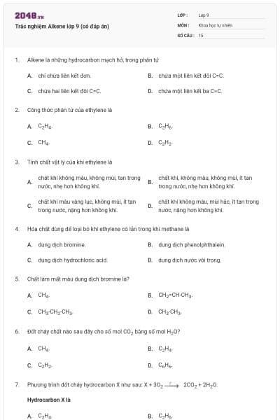 Trắc nghiệm Alkene lớp 9 (có đáp án)