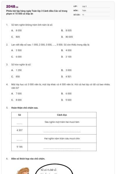 Phiếu bài tập hàng ngày Toán lớp 3 Cánh diều Các số trong phạm vi 10 000 có đáp án