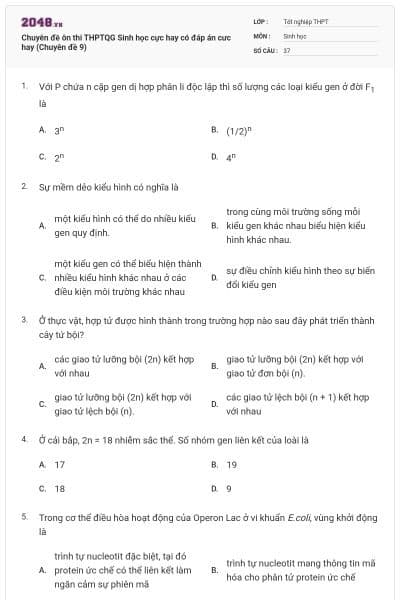 Chuyên đề ôn thi THPTQG Sinh học cực hay có đáp án cưc hay (Chuyên đề 9)