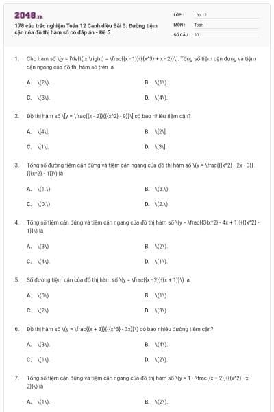 178 câu trắc nghiệm Toán 12 Canh diều Bài 3: Đường tiệm cận của đồ thị hàm số có đáp án - Đề 5