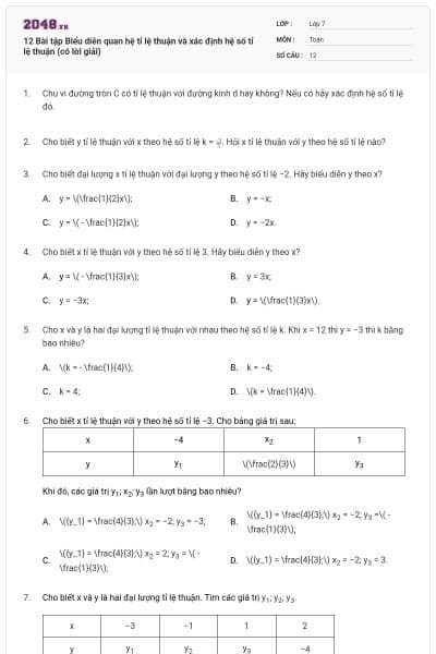 12 Bài tập Biểu diễn quan hệ tỉ lệ thuận và xác định hệ số tỉ lệ thuận (có lời giải)
