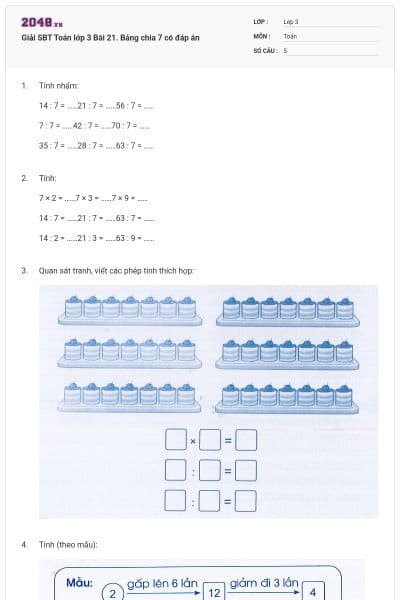 Giải SBT Toán lớp 3 Bài 21. Bảng chia 7 có đáp án