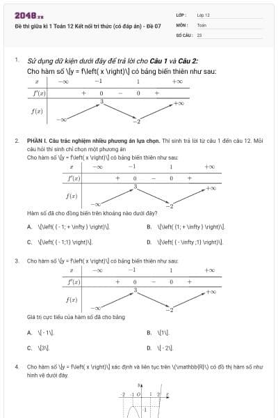 Đề thi giữa kì 1 Toán 12 Kết nối tri thức (có đáp án) - Đề 07