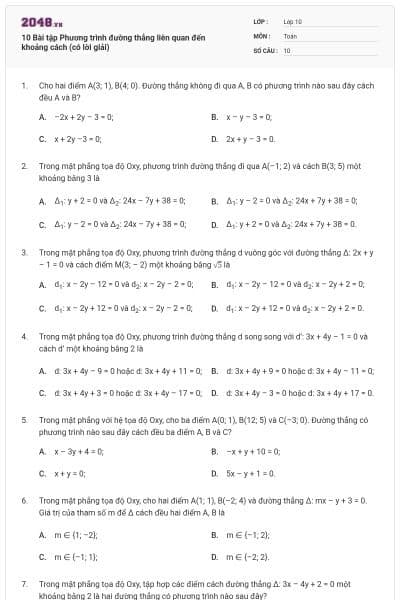 10 Bài tập Phương trình đường thẳng liên quan đến khoảng cách (có lời giải)