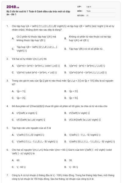 Bộ 5 đề thi cuối kì 1 Toán 6 Cánh diều cấu trúc mới có đáp án - Đề 1