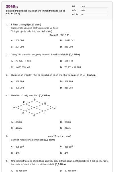 Đề kiểm tra giữa học kì 2 Toán lớp 4 Chân trời sáng tạo có đáp án (Đề 2)