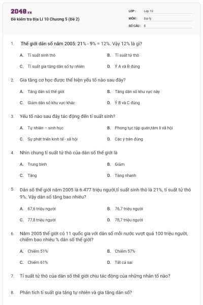 Đề kiểm tra Địa Lí 10 Chương 5 (Đề 2)