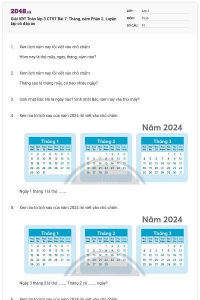 Giải VBT Toán lớp 3 CTST Bài 7. Tháng, năm Phần 2. Luyện tập có đáp án