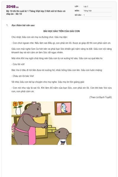 Bộ 10 đề thi cuối kì 1 Tiếng Việt lớp 2 Kết nối tri thức có đáp án - Đề 10